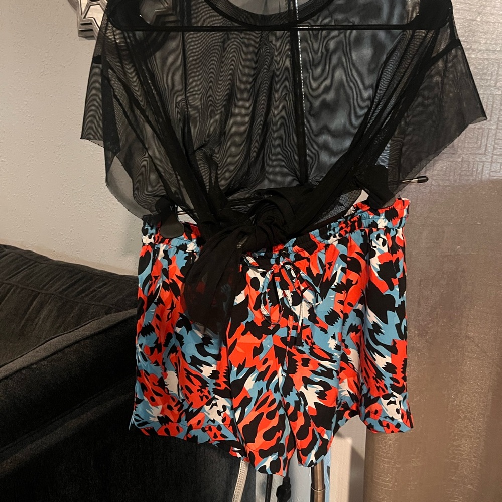 Walter Baker Black Sheer Top with Red and Blue Print Shorts